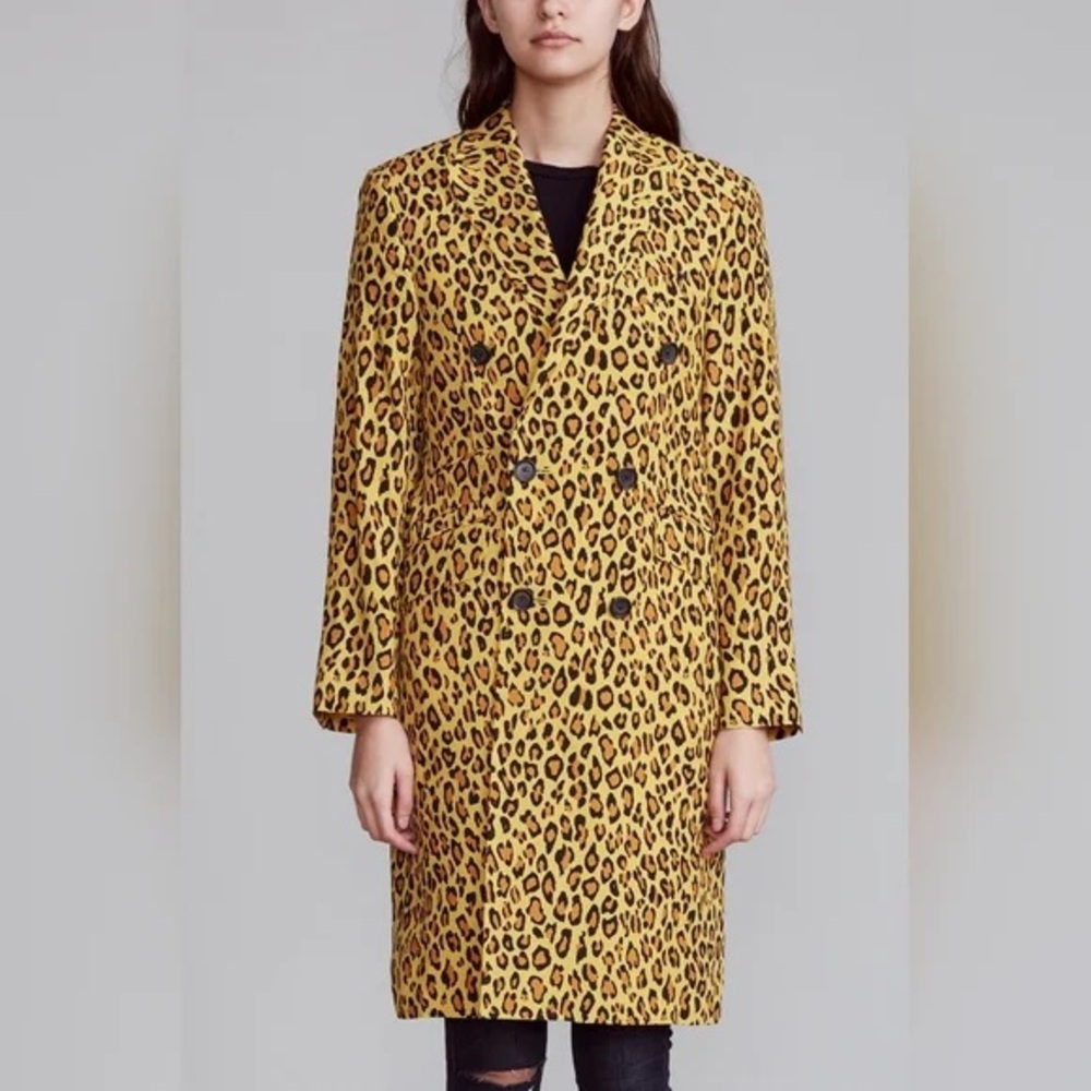 R13 Peak Lapel Double Breasted Coat /Blazer Dress Yellow Leopard Print